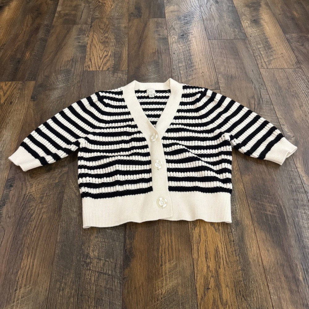 A New Day Black Cream Striped Button Front Cardigan Sweater Elbow Sleeve Small